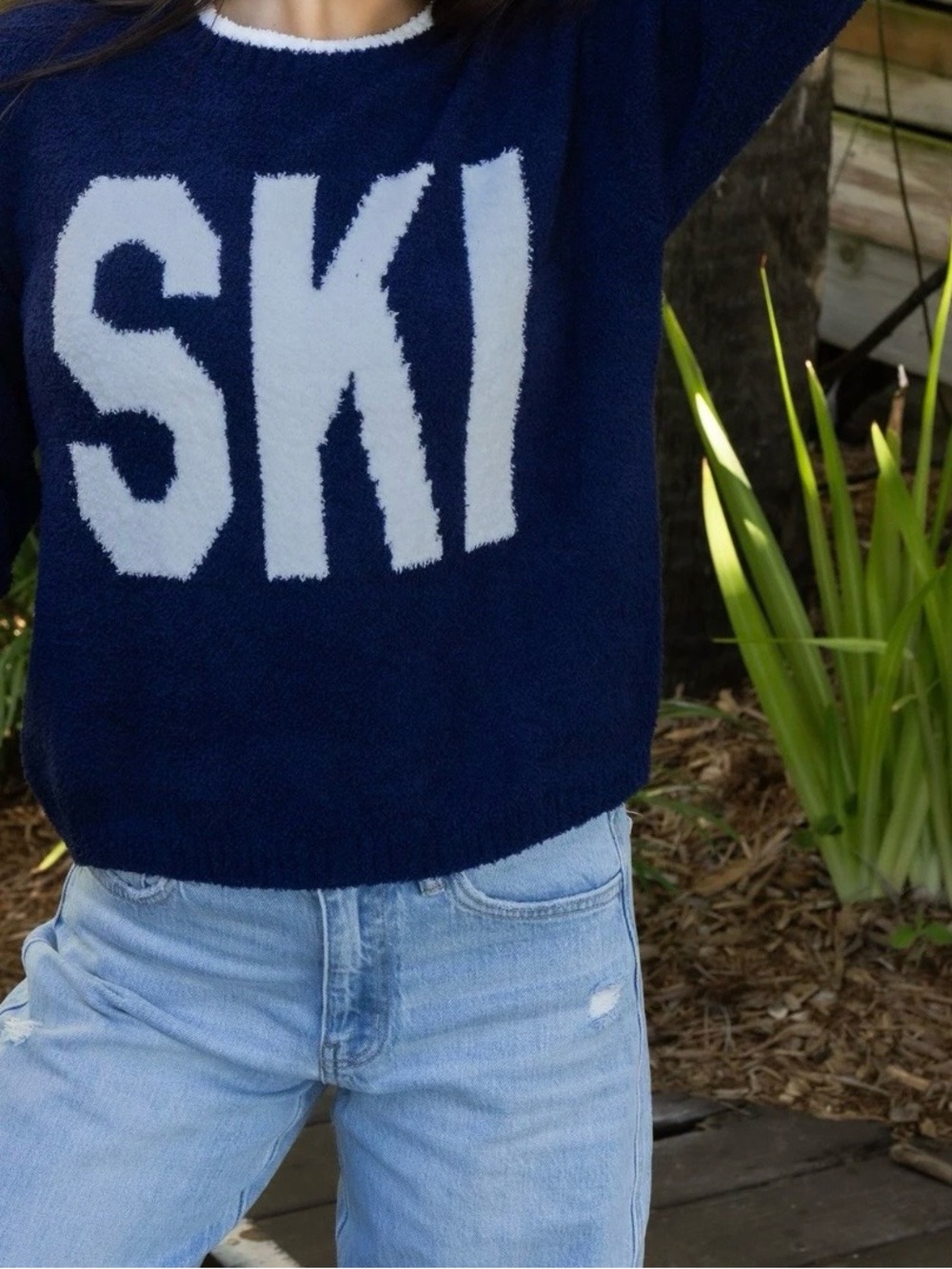 Z Supply Navy Crewneck Sweater with White "SKI" Lettering